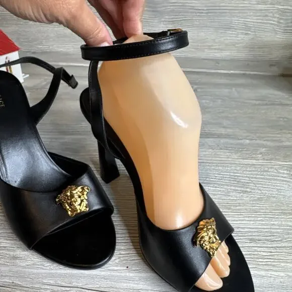 VERSACE SHOES BLACK LEATHER w MEDUSA HIGH HEEL SANDALS sz IT 39 US 8 - Picture 2 of 10